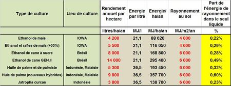 Comparaison des rendements de conversion du rayonnement solaire en biocarburants