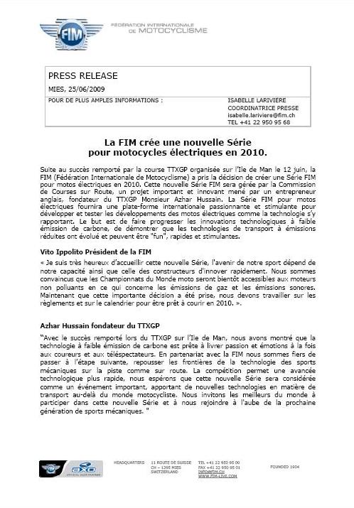 La FIM crée un championnat dédié aux motos électriques.
